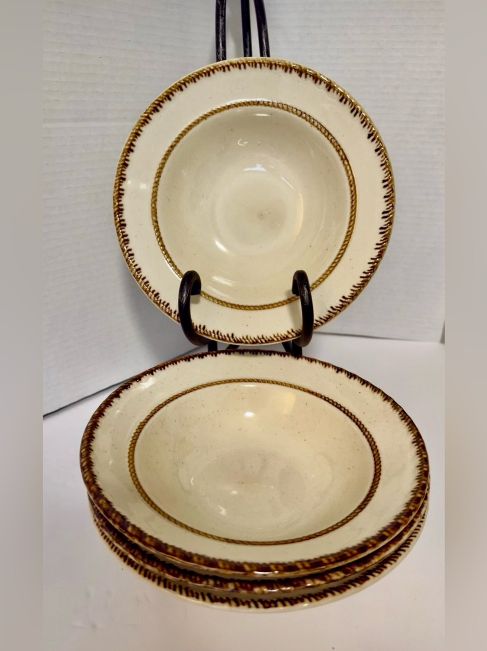 Vintage Tahiti Stoneware Rim Soup Bowls Tan Brown Speckled Rope Rim Set of 4
